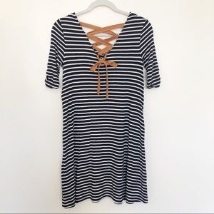 Black & White Stripe Dress with Faux Suede lace up